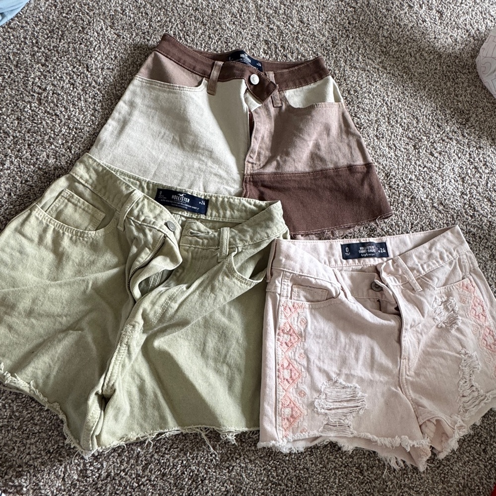 Hollister Women's Jean Shorts in Brown, Green, and Pink